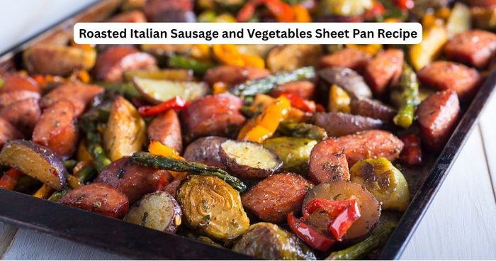 Sprinkle the spices over the ingredients and mix all together so that they are all coated.
Add your coated veggies and potato and sausage evenly on the sheet pan. Spread them out so that they all cook evenly.
Half way add the asparagus and bell peppers.
Roast until they are nicely browned and tender.