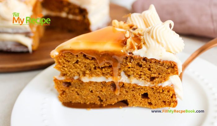 Best Pumpkin Cake recipe with salted caramel cream cheese frosting. A delicious dessert using pumpkin puree, pumpkin spices for fall treat.