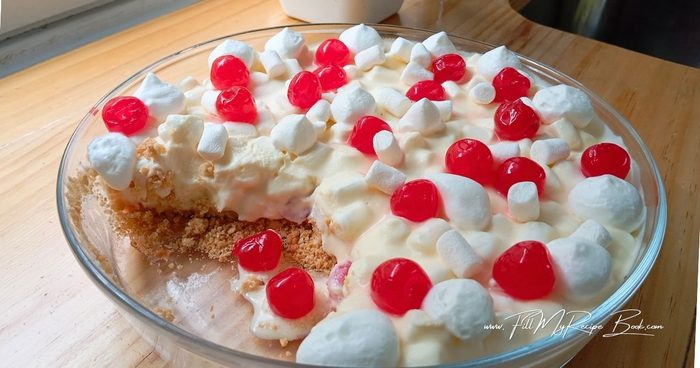 Adding the half cut glazed cherries to the filling with the marshmallow, brings out a soft surprise to the  fridge tart. (this fridge tart didn't last long enough to take an image of the uncut tart! 😉) sorry.