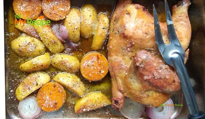 An oven Roasted Parmesan Potato Butternut and Chicken recipe for a meal. Delicious all in one sheet pan, half a chicken and vegetables for lunch.