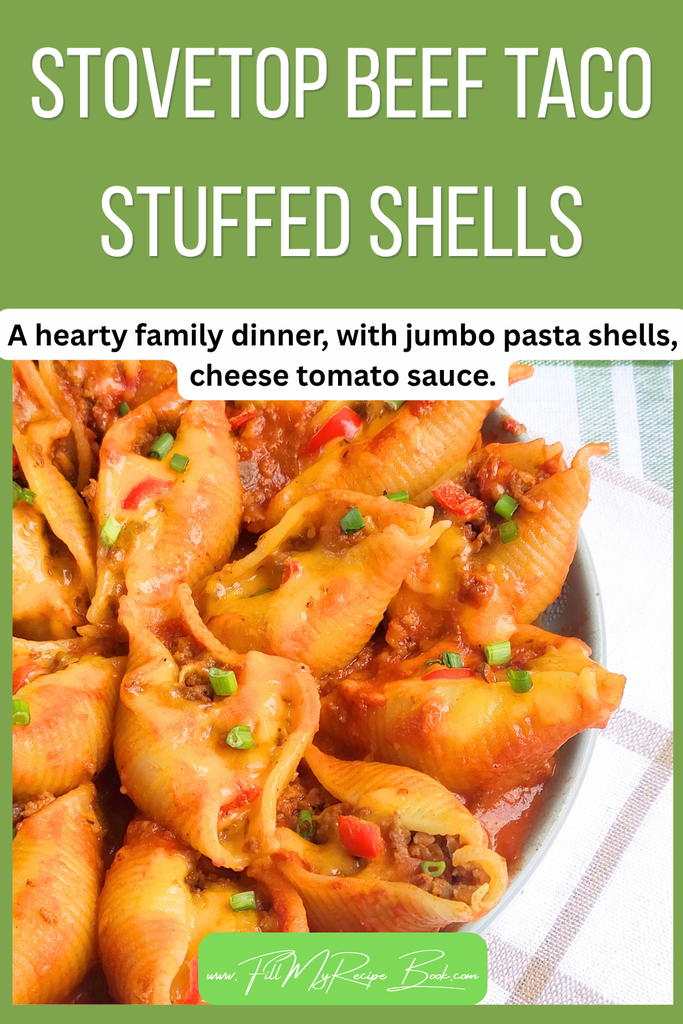 Easy Stovetop beef taco stuffed shells with jumbo pasta, seasoned ground beef, tomato sauce and Mexican-inspired flavors. A hearty family dinner.