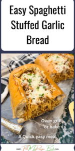 Easy Spaghetti Stuffed Garlic Bread recipe. Easy and quick oven bake or grill loaf filled with ground beef and pasta sauce, with cheese.