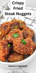 Homemade Fried Steak Nuggets Recipe. A crispy, golden snack or appetizer made with tender steak cubes coated in a cheese seasoned crust.