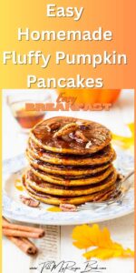 Easy homemade Fluffy Pumpkin Pancakes with pecan nuts and caramel sauce, a cozy breakfast recipe for fall mornings or seasonal treats.