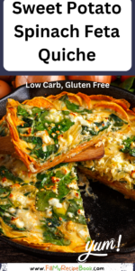 Sweet Potato Spinach Feta Quiche recipe idea. A healthy low carb crust of sweet potato with tasty spinach and feta goats cheese filling.